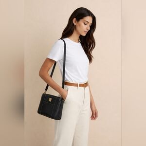 Dooney & Bourke Black Saffiano Leather Crossbody Bag Gold Logo Contrast Stitch